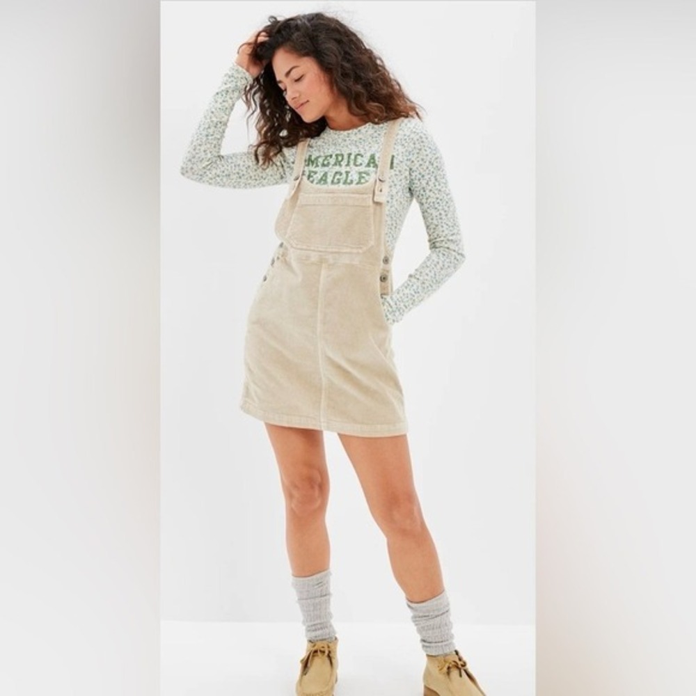 American Eagle Tan Corduroy Overall Dress M Cottagecore Academia Preppy Soft